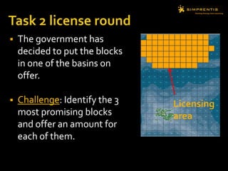 Task 2 license roundThe government has decided to put the blocks in one of the basins on offer.Challenge: Identify the 3 most promising blocks and offer an amount for each of them.Licensing area