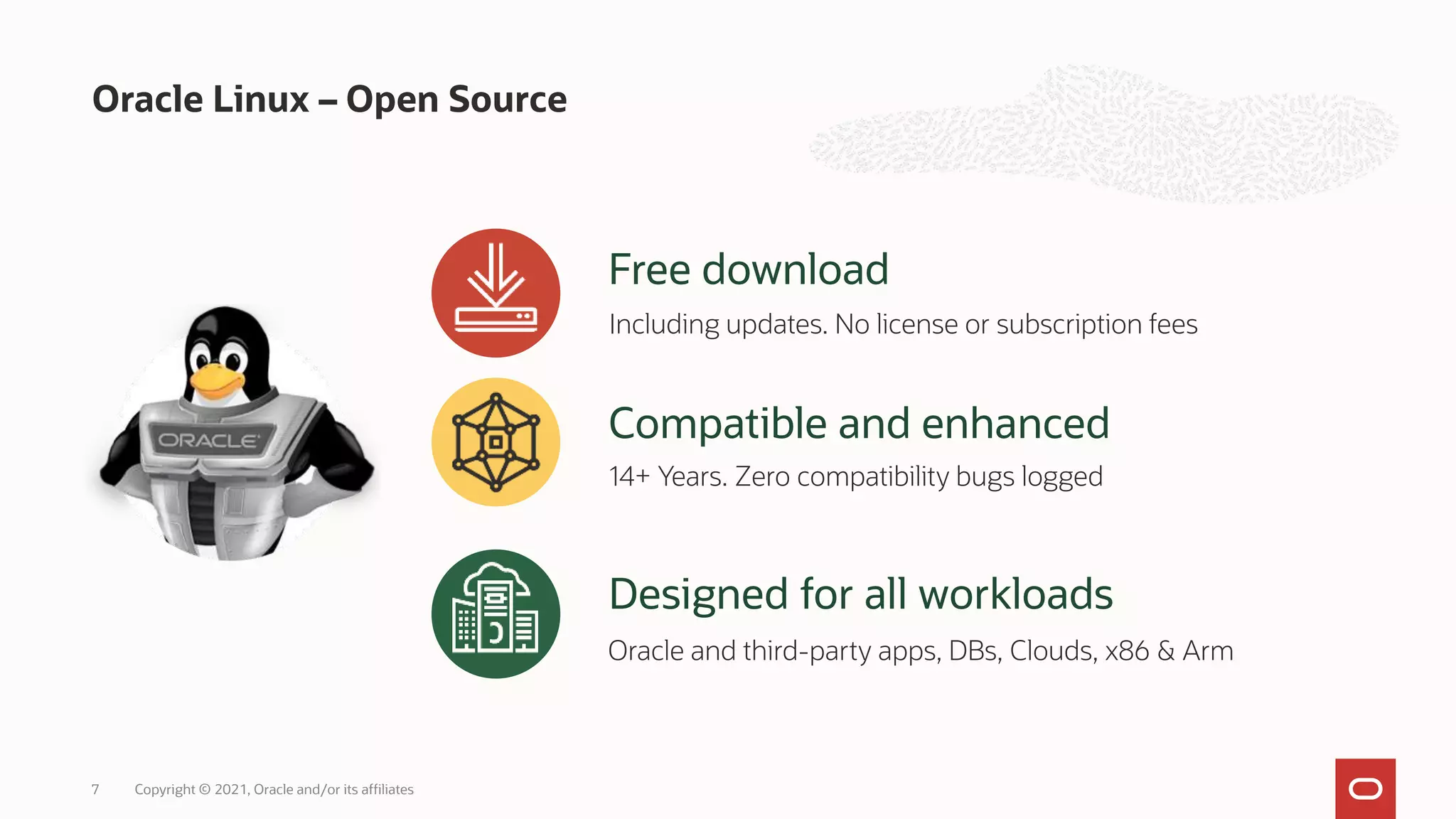 Free download
Compatible and enhanced
Designed for all workloads
Oracle Linux – Open Source
Copyright © 2021, Oracle and/or its affiliates
7
Including updates. No license or subscription fees
14+ Years. Zero compatibility bugs logged
Oracle and third-party apps, DBs, Clouds, x86 & Arm
 
