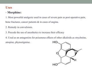 Uses
• Morphine:
1. Most powerful analgesic used in cases of severe pain as post operative pain,
bone fractures, cancer patients & in cases of angina.
2. Remedy in convulsions.
3. Precede the use of anesthetics to increase their efficacy
4. Used as an antagonists for poisonous effects of other alkaloids as strychnine,
atropine, phytostigmine.
 