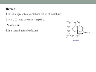 Heroin:
1. It is the synthetic diacetyl derivative of morphine.
2. It is 5 X more potent as morphine.
Papaverine:
1. is a smooth muscle relaxant
 
