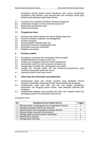 Standar Kompetensi Kerja Nasional Indonesia Sektor Otomotif Sub Sektor Kendaraan Ringan
Kompetensi penting diamati secara menyeluruh agar mampu menerapkan
kompetensi pada keadaan yang berubah-ubah dan merespon situasi yang
berbeda pada beberapa aspek-aspek berikut:
2.1. memahami dan mengkomunikasikan informasi operasional
2.2. pembawaan prosedur overhaul sistem/komponen rem
2.3. pelaksanaan keselamatan kerja
2.4. metode perlindungan.
2.5. Pengetahuan dasar:
3.1. konstruksi dan sistem operasi rem (sesuai dengan kegunaan)
3.2. prosedur perbaikan, pelepasan dan penggantian.
3.3. prosedur pengujian
3.4. tanda peringatan terhadap debu rem
3.5. persyaratan keamanan perlengkapan kerja
3.6. persyaratan keamanan kendaraan
3.7. kebijakan perusahaan.
4. Penilaian praktek:
4.1. mengakses, memahami dan menerapkan informasi teknik
4.2. mengidentifikasikan kerusakan sistem rem
4.3. melepas dan mengganti komponen sistem pengereman
4.4. memperbaiki sistem rem dan komponen-komponennya
4.5. menggunakan peralatan dan perlengkapan yang sesuai
4.6. menguji dan menyetel sistem rem dan komponen-komponennya untuk
memenuhi persyaratan teknik dan hukum
4.7. memeriksa sistem untuk kerja normal.
5. Unjuk Kerja dari ketrampilan yang diperlukan:
5.1. melaksanakan tugas rutin dengan prosedur yang ditetapkan dimana
kemajuan ketrampilan seseorang di awasi secara berkala oleh pengawas.
5.2. melaksanakan tugas yang lebih luas dan sulit dengan peningkatan
kemandirian dan tanggung jawab individu. Hasil pekerjaan diperiksa oleh
pengawas.
5.3. melaksanakan kegiatan yang kompleks dan tidak rutin; menjadi mandiri dan
bertanggung jawab untuk pekerjaan yang lainnya.
Kompetensi Kunci
No Kompetensi Kunci Dalam Unit ini Tingkat
1 Mengumpulkan, mengorganisir dan menganalisa informasi 1
2 Mengkomunikasikan ide-ide dan informasi -
3 Merencanakan dan mengorganisir aktivitas-aktivitas 3
4 Bekerja dengan orang lain dan kelompok -
5 Menggunakan ide-ide dan tehnik matematika 1
6 Memecahkan masalah 2
7 Menggunakan teknologi 1
Memperbaiki Sistem Rem 242
 