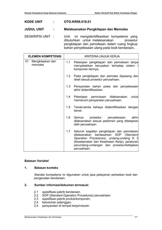 Standar Kompetensi Kerja Nasional Indonesia Sektor Otomotif Sub Sektor Kendaraan Ringan
KODE UNIT : OTO.KR06.018.01
JUDUL UNIT : Melaksanakan Pengkilapan dan Memoles
DESKRIPSI UNIT : Unit ini mengidentifikasikan kompetensi yang
dibutuhkan untuk melaksanakan prosedur
pengkilapan dan pemolesan dalam ruang lingkup
bahan penyelesaian ulang pada bodi kendaraan.
ELEMEN KOMPETENSI KRITERIA UNJUK KERJA
01 Mengkilapkan dan
memoles
1.1 Pekerjaan pengkilapan dan pemolesan tanpa
menyebabkan kerusakan terhadap sistem /
komponen lainnya.
1.2 Pada pengkilapan dan pemoles dipasang dan
diset sesuai prosedur perusahaan.
1.3 Persyaratan bahan poles dan penyelesaian
akhir diidentifikasikan.
1.4 Pekerjaan permukaan dilaksanakan untuk
memenuhi persyaratan perusahaan.
1.5 Tanda-tanda bahaya diidentifikasikan dengan
benar.
1.6 Semua prosedur penyelesaian akhir
dilaksanakan sesuai pedoman yang ditetapkan
oleh perusahaan.
1.7 Seluruh kegiatan pengkilapan dan pemolesan
dilaksanakan berdasarkan SOP (Standard
Operation Procedures), undang-undang K 3
(Keselamatan dan Kesehatan Kerja), peraturan
perundang-undangan dan prosedur/kebijakan
perusahaan.
Batasan Variabel
1. Batasan konteks
Standar kompetensi ini digunakan untuk jasa pelayanan perbaikan bodi dan
pengecatan kendaraan.
2. Sumber informasi/dokumen termasuk:
2.1 spesifikasi pabrik kendaraan.
2.2 SOP (Standard Operation Procedures) perusahaan.
2.3 spesifikasi pabrik produk/komponen.
2.4 kebutuhan pelanggan.
2.5 persyaratan di tempat kerja/industri.
Melaksanakan Pengkilapan dan Pemolesan 187
 