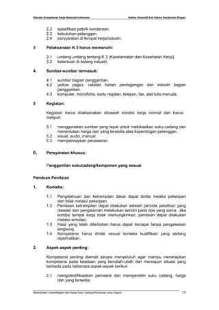 Standar Kompetensi Kerja Nasional Indonesia Sektor Otomotif Sub Sektor Kendaraan Ringan
2.2 spesifikasi pabrik kendaraan.
2.3 kebutuhan pelanggan.
2.4 persyaratan di tempat kerja/industri.
3 Pelaksanaan K 3 harus memenuhi:
3.1 undang-undang tentang K 3 (Keselamatan dan Kesehatan Kerja).
3.2 ketentuan di bidang industri.
4. Sumber-sumber termasuk:
4.1 sumber bagian penggantian.
4.2 yellow pages, catatan harian perdagangan dan industri bagian
penggantian.
4.3 komputer, microfiche, kartu register, telepon, fax, alat tulis-menulis.
5 Kegiatan:
Kegiatan harus dilaksanakan dibawah kondisi kerja normal dan harus
meliputi:
5.1 menggunakan sumber yang tepat untuk melokasikan suku cadang dan
menentukan harga dan yang tersedia atas kepentingan pelanggan.
5.2 visual, audio, manual.
5.3 mempersiapkan penawaran.
6. Persyaratan khusus:
Penggantian sukucadang/komponen yang sesuai
Panduan Penilaian
1. Konteks:
1.1 Pengetahuan dan ketrampilan dasar dapat dinilai melalui pekerjaan
dan tidak melalui pekerjaan.
1.2 Penilaian ketrampilan dapat dilakukan setelah periode pelatihan yang
diawasi dan pengalaman melakukan sendiri pada tipe yang sama. Jika
kondisi tempat kerja tidak memungkinkan, penilaian dapat dilakukan
melalui simulasi.
1.3 Hasil yang telah ditentukan harus dapat tercapai tanpa pengawasan
langsung.
1.4 Kompetensi harus dinilai sesuai konteks kualifikasi yang sedang
diperhatikan.
2. Aspek-aspek penting:
Kompetensi penting diamati secara menyeluruh agar mampu menerapkan
kompetensi pada keadaan yang berubah-ubah dan merespon situasi yang
berbeda pada beberapa aspek-aspek berikut:
2.1 mengidentifikasikan pemasok dan memperoleh suku cadang, harga
dan yang tersedia.
Menentukan Lokasi/Bagian dan Harga Suku Cadang/Komponen yang Diganti 220
 