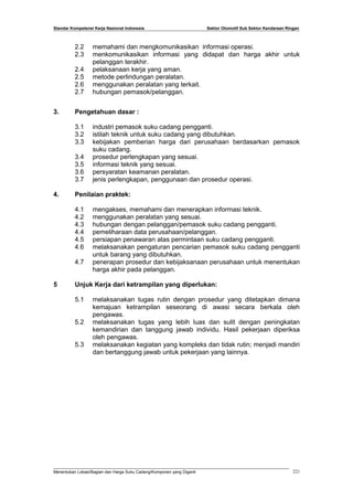 Standar Kompetensi Kerja Nasional Indonesia Sektor Otomotif Sub Sektor Kendaraan Ringan
2.2 memahami dan mengkomunikasikan informasi operasi.
2.3 menkomunikasikan informasi yang didapat dan harga akhir untuk
pelanggan terakhir.
2.4 pelaksanaan kerja yang aman.
2.5 metode perlindungan peralatan.
2.6 menggunakan peralatan yang terkait.
2.7 hubungan pemasok/pelanggan.
3. Pengetahuan dasar :
3.1 industri pemasok suku cadang pengganti.
3.2 istilah teknik untuk suku cadang yang dibutuhkan.
3.3 kebijakan pemberian harga dari perusahaan berdasarkan pemasok
suku cadang.
3.4 prosedur perlengkapan yang sesuai.
3.5 informasi teknik yang sesuai.
3.6 persyaratan keamanan peralatan.
3.7 jenis perlengkapan, penggunaan dan prosedur operasi.
4. Penilaian praktek:
4.1 mengakses, memahami dan menerapkan informasi teknik.
4.2 menggunakan peralatan yang sesuai.
4.3 hubungan dengan pelanggan/pemasok suku cadang pengganti.
4.4 pemeliharaan data perusahaan/pelanggan.
4.5 persiapan penawaran atas permintaan suku cadang pengganti.
4.6 melaksanakan pengaturan pencarian pemasok suku cadang pengganti
untuk barang yang dibutuhkan.
4.7 penerapan prosedur dan kebijaksanaan perusahaan untuk menentukan
harga akhir pada pelanggan.
5 Unjuk Kerja dari ketrampilan yang diperlukan:
5.1 melaksanakan tugas rutin dengan prosedur yang ditetapkan dimana
kemajuan ketrampilan seseorang di awasi secara berkala oleh
pengawas.
5.2 melaksanakan tugas yang lebih luas dan sulit dengan peningkatan
kemandirian dan tanggung jawab individu. Hasil pekerjaan diperiksa
oleh pengawas.
5.3 melaksanakan kegiatan yang kompleks dan tidak rutin; menjadi mandiri
dan bertanggung jawab untuk pekerjaan yang lainnya.
Menentukan Lokasi/Bagian dan Harga Suku Cadang/Komponen yang Diganti 221
 
