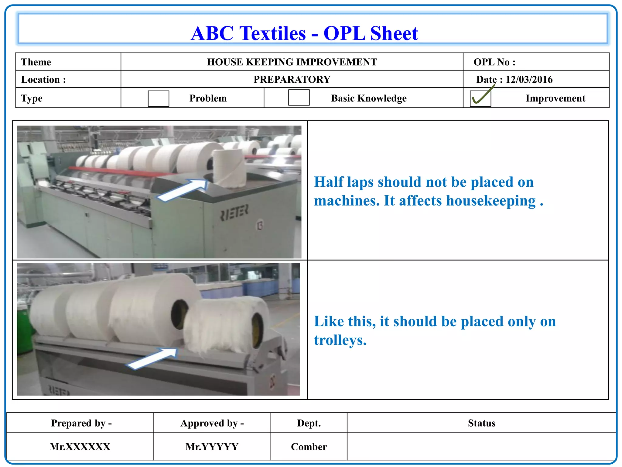 Prepared by - Approved by - Dept. Status
Mr.XXXXXX Mr.YYYYY Comber
ABC Textiles - OPL Sheet
Theme HOUSE KEEPING IMPROVEMENT OPL No :
Location : PREPARATORY Date : 12/03/2016
Type Problem Basic Knowledge Improvement
Half laps should not be placed on
machines. It affects housekeeping .
Like this, it should be placed only on
trolleys.
 