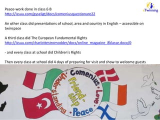Peace-work done in class 6 B 
http://issuu.com/gyseligt/docs/comeniusquestionare22 
An other class did presentations of school, area and country in English – accessible on 
twinspace 
A third class did The European Fundamental Rights 
http://issuu.com/charlottestromodder/docs/online_magazine_8klasse.docx/0 
- and every class at school did Children's Rights 
Then every class at school did 4 days of preparing for visit and show to welcome guests 
winspace.) 
 