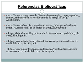 Referencias Bibliográficas 
 <http://www.strategia.com.br/Estrategia/estrategia_corpo_capitulos_ 
analise_ambiente.htm>Acessado em: 26 de março de 2014, 
Às16h28min. 
 <http://www.infoescola.com/administracao_/pdca-plan-do-check-action/> 
Acessado em: 26 de março de 2014, Às20h20min. 
 < http://daianelemos.blogspot.com.br/> Acessado em: 31 de Março de 
2014, Às 20h45min. 
 < http://www.estacio.br/revistamade/edicoes.asp > Acessado em: 02 
de abril de 2014, às 18h40min. 
 < http://www.unisantos.br/mestrado/gestao/egesta/artigos/46.pdf> 
Acessado em: 02 de abril de 2014, às 19h15min. 
