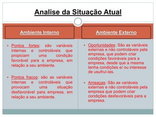Analise da Situação Atual 
Ambiente Interno Ambiente Externo 
 Pontos fortes: são variáveis 
internas e controláveis que 
propiciam uma condição 
favorável para a empresa, em 
relação a seu ambiente. 
 Pontos fracos: são as variáveis 
internas e controláveis que 
provocam uma situação 
desfavorável para empresa, em 
relação a seu ambiente. 
 Oportunidades: São as variáveis 
externas e não controláveis pela 
empresa, que podem criar 
condições favoráveis para a 
empresa, desde que a mesma 
tenha condições e/ ou interesse 
de usufruí-las. 
 Ameaças: São as variáveis 
externas e não controláveis pela 
empresa que podem criar 
condições desfavoráveis para a 
empresa. 
 