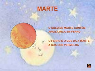 MARTE O SOLO DE MARTE CONTÉM ARGILA RICA EM FERRO O FERRO É O QUE DÁ A MARTE A SUA COR VERMELHA 