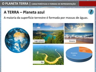 O PLANETA TERRA | CARACTERÍSTICAS E FORMAS DE REPRESENTAÇÃO
A maioria da superfície terrestre é formada por massas de águas.
A TERRA – Planeta azul
Lago natural Oceano
Rio
Oceanos
71%
Continentes
29%
 