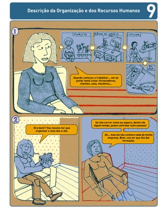 Quando começar a trabalhar... vai-se
juntar tanta coisa: fornecedores,
clientes, casa, mecânico...
Ora bem!! Vou mesmo ter que
organizar o meu dia-a-dia.
Se isto correr como eu espero, dentro de
algum tempo, posso contratar outra pessoa!
Ah... mas ela não conhece nada da minha
empresa. Bom, vou ter que lhe dar
formação.
Descrição da Organização e dos Recursos Humanos
9
 