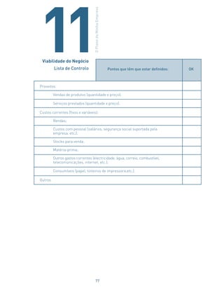 Pontos que têm que estar definidos: OK
Proveitos:
Vendas de produtos (quantidade x preço);
Serviços prestados (quantidade x preço).
Custos correntes (fixos e variáveis):
Rendas;
Custos com pessoal (salários, segurança social suportada pela
empresa, etc.);
Stocks para venda;
Matéria-prima;
Outros gastos correntes (electricidade, água, correio, combustível,
telecomunicações, internet, etc.);
Consumíveis (papel, tinteiros de impressora,etc.).
Outros
11Viabilidade do Negócio
Lista de Controlo
OPlanodaMinhaEmpresa
77
 