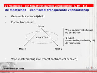 De maatschap – een fiscaal transparante vennootschap Geen rechtspersoonlijkheid Fiscaal transparant: Vrije winstverdeling (wel vooraf contractueel bepalen) De maatschap – een fiscaal transparante vennootschap (p. 10 – 11) Fiscus maatschap Maat 1   Maat 2 Winst rechtstreeks belast bij de “maten”    Geen  vennootschapsbelasting bij de maatschap 