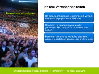 Crisiscommunicatie in de noodplanning | Kortom vzw | 13 mei en 5 juni 2013
Bezoekers en volgers
Hoe geraak je eraan?
Enkele verrassende feiten
De meeste mensen die je pagina leuk vinden,
bezoeken je pagina maar één keer.
Berichten op een fanpagina worden
gemiddeld slechts door 17 % van de fans
gezien.
Berichten die fans op je pagina plaatsen,
worden meestal niet gezien door andere fans.
 