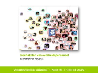 Crisiscommunicatie in de noodplanning | Kortom vzw | 13 mei en 5 juni 2013
Inschakelen van overheidspersoneel
Een netwerk van netwerken
 