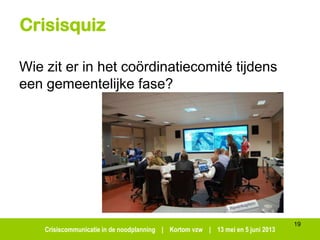 Crisiscommunicatie in de noodplanning | Kortom vzw | 13 mei en 5 juni 2013
Crisisquiz
Wie zit er in het coördinatiecomité tijdens
een gemeentelijke fase?
19
 