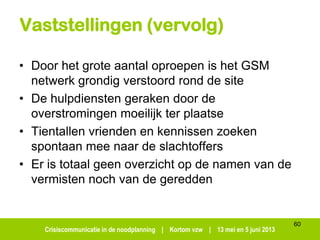 Crisiscommunicatie in de noodplanning | Kortom vzw | 13 mei en 5 juni 2013
60
Vaststellingen (vervolg)
• Door het grote aantal oproepen is het GSM
netwerk grondig verstoord rond de site
• De hulpdiensten geraken door de
overstromingen moeilijk ter plaatse
• Tientallen vrienden en kennissen zoeken
spontaan mee naar de slachtoffers
• Er is totaal geen overzicht op de namen van de
vermisten noch van de geredden
 