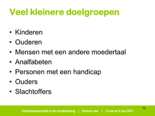 Crisiscommunicatie in de noodplanning | Kortom vzw | 13 mei en 5 juni 2013
Veel kleinere doelgroepen
• Kinderen
• Ouderen
• Mensen met een andere moedertaal
• Analfabeten
• Personen met een handicap
• Ouders
• Slachtoffers
72
 