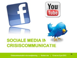 Crisiscommunicatie in de noodplanning | Kortom vzw | 13 mei en 5 juni 2013
SOCIALE MEDIA IN
CRISISCOMMUNICATIE
Van crisis 1.0 naar crisis 2.0
86
 