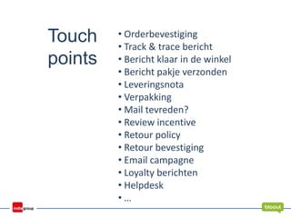 • Orderbevestiging
• Track & trace bericht
• Bericht klaar in de winkel
• Bericht pakje verzonden
• Leveringsnota
• Verpakking
• Mail tevreden?
• Review incentive
• Retour policy
• Retour bevestiging
• Email campagne
• Loyalty berichten
• Helpdesk
• …
Touch
points
 