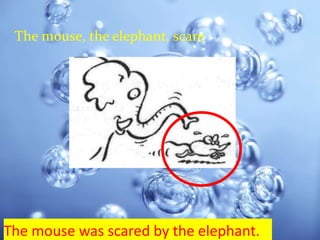 The mouse, the elephant, scare




The mouse was scared by the elephant.
 