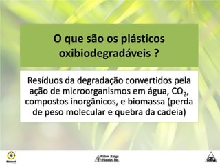 O que são os plásticos
       oxibiodegradáveis ?

 Resíduos da degradação convertidos pela
 ação de microorganismos em água, CO2,
compostos inorgânicos, e biomassa (perda
  de peso molecular e quebra da cadeia)
 