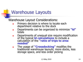 © Wiley 2010 14
Warehouse Layouts
Warehouse Layout Considerations:
 Primary decision is where to locate each
department relative to the dock
 Departments can be organized to minimize “ld”
totals
 Departments of unequal size require modification
of the typical ld calculations to include a
calculation of the “ratio of trips to area
needed”
 The usage of “Crossdocking” modifies the
traditional warehouse layouts; more docks, less
storage space, and less order picking
 