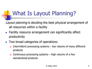 © Wiley 2010 4
What Is Layout Planning?
Layout planning is deciding the best physical arrangement of
all resources within a facility
 Facility resource arrangement can significantly affect
productivity
 Two broad categories of operations:
 Intermittent processing systems – low volume of many different
products
 Continuous processing systems – high volume of a few
standardized products
 