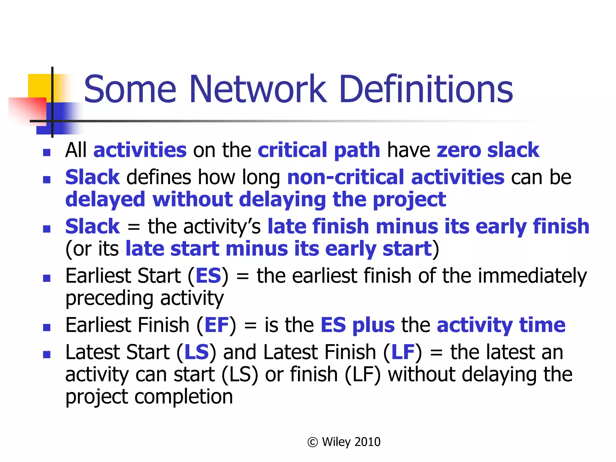 © Wiley 2010
Some Network Definitions
 All activities on the critical path have zero slack
 Slack defines how long non-critical activities can be
delayed without delaying the project
 Slack = the activity’s late finish minus its early finish
(or its late start minus its early start)
 Earliest Start (ES) = the earliest finish of the immediately
preceding activity
 Earliest Finish (EF) = is the ES plus the activity time
 Latest Start (LS) and Latest Finish (LF) = the latest an
activity can start (LS) or finish (LF) without delaying the
project completion
 