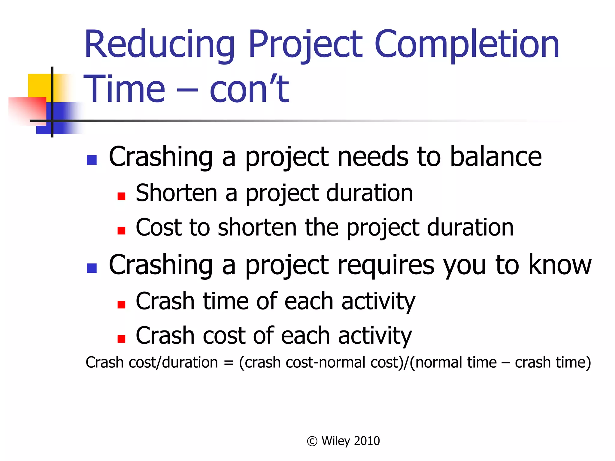 © Wiley 2010
Reducing Project Completion
Time – con’t
 Crashing a project needs to balance
 Shorten a project duration
 Cost to shorten the project duration
 Crashing a project requires you to know
 Crash time of each activity
 Crash cost of each activity
Crash cost/duration = (crash cost-normal cost)/(normal time – crash time)
 