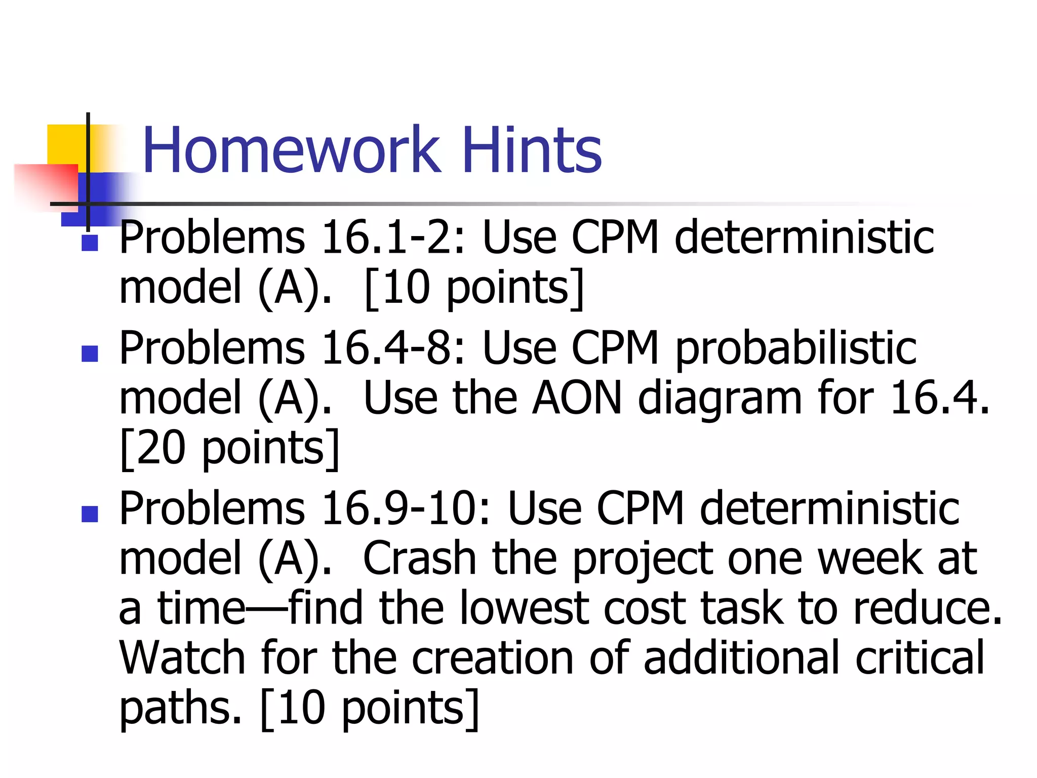 Homework Hints
 Problems 16.1-2: Use CPM deterministic
model (A). [10 points]
 Problems 16.4-8: Use CPM probabilistic
model (A). Use the AON diagram for 16.4.
[20 points]
 Problems 16.9-10: Use CPM deterministic
model (A). Crash the project one week at
a time—find the lowest cost task to reduce.
Watch for the creation of additional critical
paths. [10 points]
 