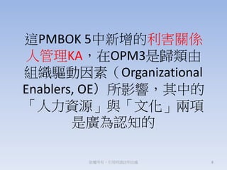 @PMBOK 5PS
˹KAOPM3ǚw
MأOrganizational
Enablers, OEӰ푣е
YԴcĻ
ǏVJ֪
8УÕrՈ]̎
 