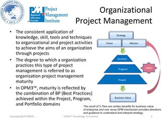 Organizational
Project Management
• The consistent application of
knowledge, skill, tools and techniques
to organizational and project activities
to achieve the aims of an organization
through projects
• The degree to which a organization
practices this type of project
management is referred to as
organization project management
maturity
• In OPM3™, maturity is reflected by
the combination of BP (Best Practices)
achieved within the Project, Program,
and Portfolio domains
Copyright@STEVBROS OPM3™ Knowledge Foundation 3
Strategy
Vision Mission
Project
Program
Portfolio
Business Value
OPM
The result of 3-Tiers are certain benefits for business value
of enterprise and vice versa OPM mechanism provides directions
and guidance to understand and interpret strategy.
 