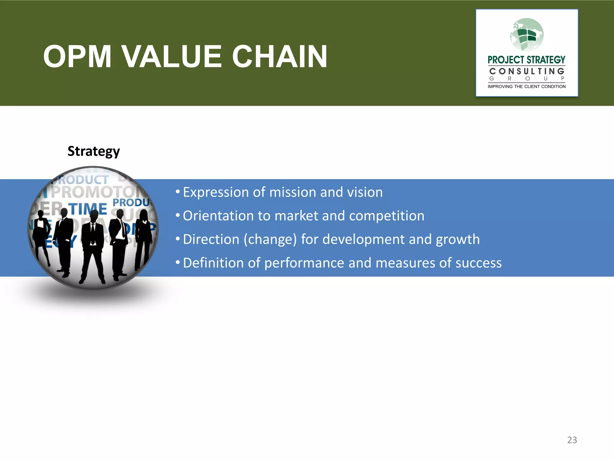 OPM VALUE CHAIN
Strategy
• Expression of mission and vision
• Orientation to market and competition
• Direction (change) for development and growth

• Definition of performance and measures of success

23

 