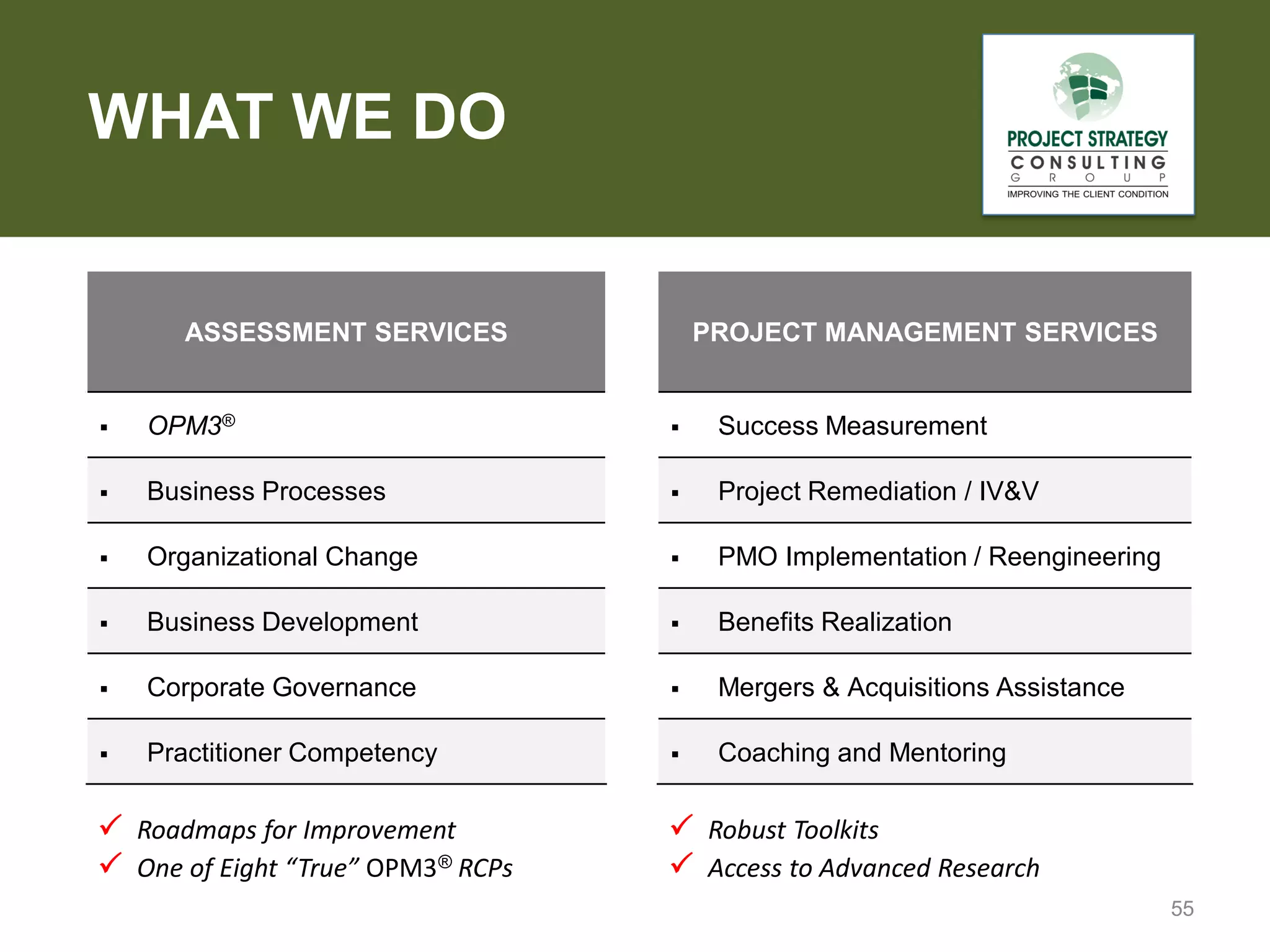 WHAT WE DO

ASSESSMENT SERVICES

PROJECT MANAGEMENT SERVICES



OPM3®



Success Measurement



Business Processes



Project Remediation / IV&V



Organizational Change



PMO Implementation / Reengineering



Business Development



Benefits Realization



Corporate Governance



Mergers & Acquisitions Assistance



Practitioner Competency



Coaching and Mentoring

 Roadmaps for Improvement
 One of Eight “True” OPM3® RCPs

 Robust Toolkits
 Access to Advanced Research
55

 