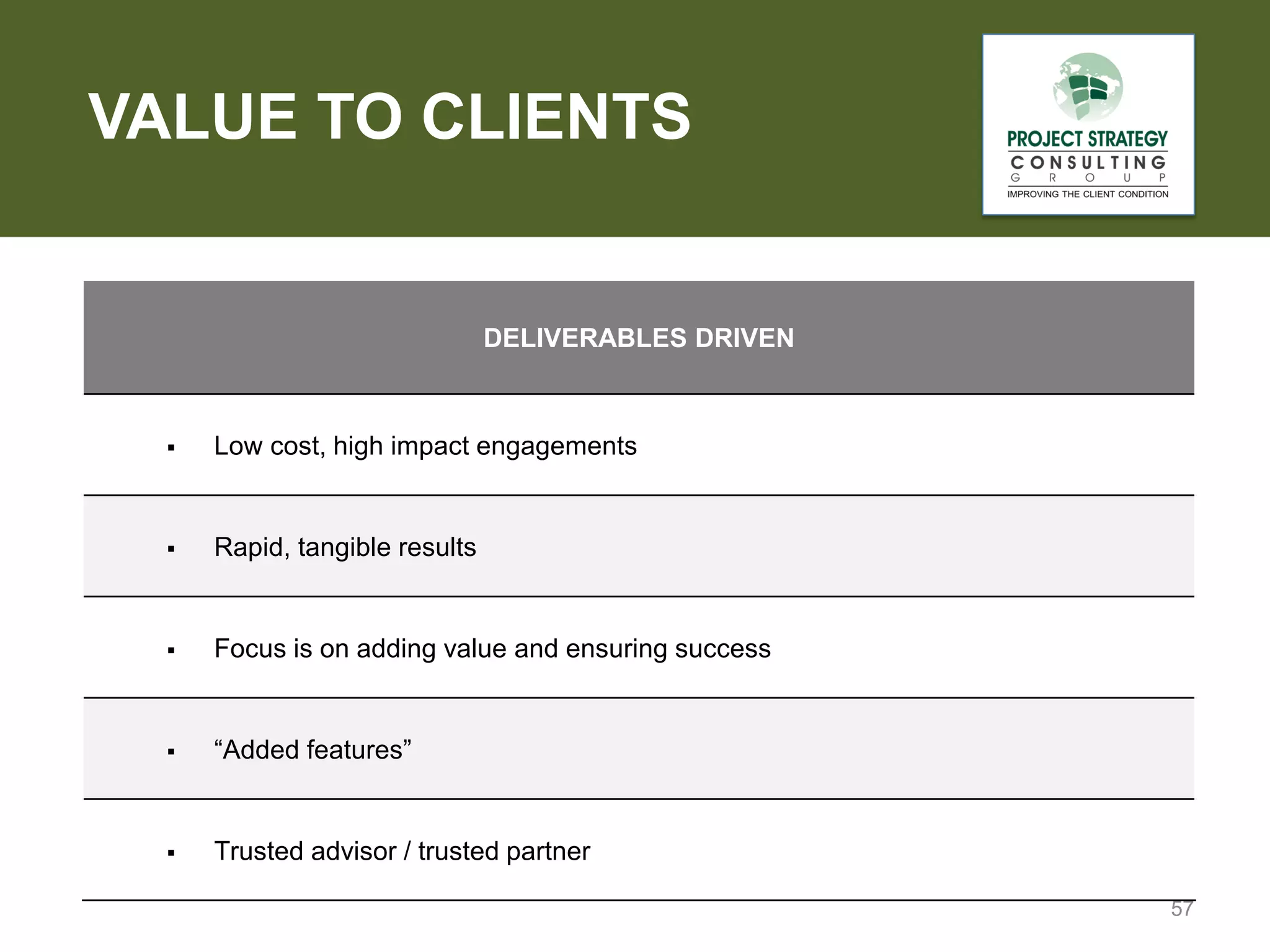 VALUE TO CLIENTS

DELIVERABLES DRIVEN



Low cost, high impact engagements



Rapid, tangible results



Focus is on adding value and ensuring success



“Added features”



Trusted advisor / trusted partner
57

 