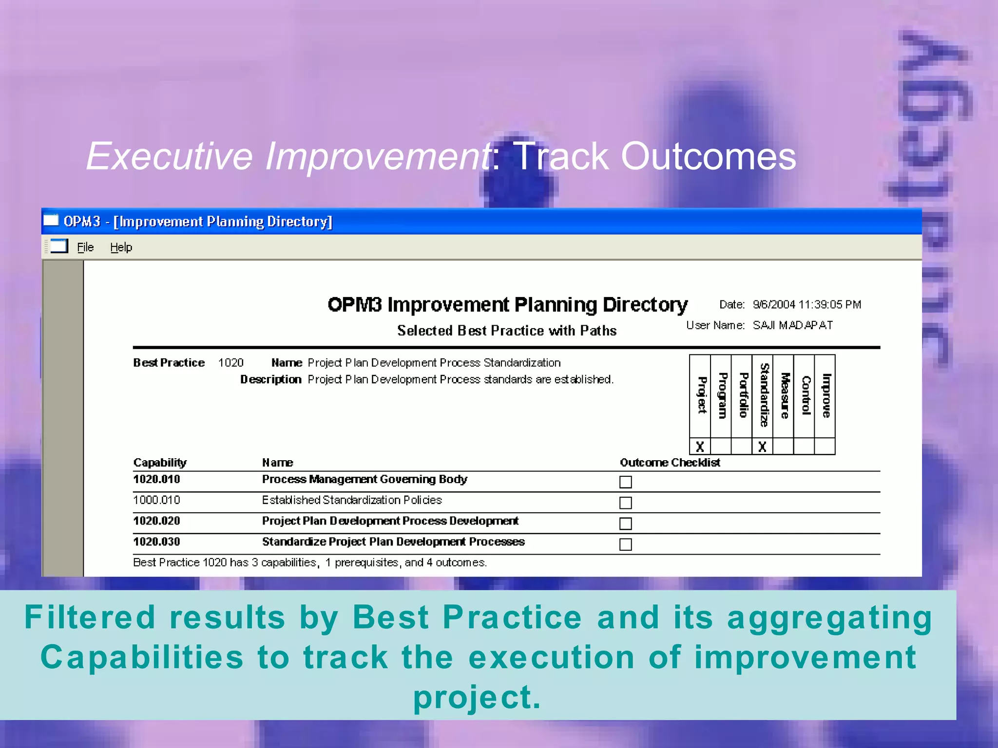 06/08/09 OPM3 - An insider's Overview Executive Improvement : Track Outcomes Filtered results by Best Practice and its aggregating Capabilities to track the execution of improvement project. 