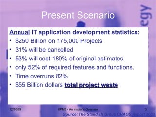 Present Scenario Annual  IT application development statistics: $250 Billion on 175,000 Projects 31% will be cancelled 53% will cost 189% of original estimates. only 52% of required features and functions.  Time overruns 82% $55 Billion dollars  total project waste 06/08/09 OPM3 - An insider's Overview Source: The Standish Group CHAOS Report 2003 