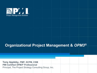 Organizational Project Management & OPM3®



Tony Appleby, PMP, SCPM, CSM
PMI Certified OPM3® Professional
Principal, The Project Strategy Consulting Group, Inc.
 