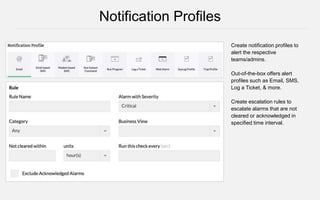 Create notification profiles to
alert the respective
teams/admins.
Out-of-the-box offers alert
profiles such as Email, SMS,
Log a Ticket, & more.
Create escalation rules to
escalate alarms that are not
cleared or acknowledged in
specified time interval.
Notification Profiles
 