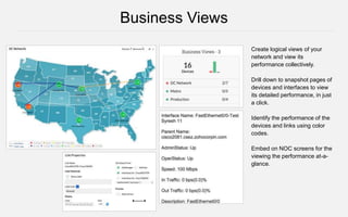 Create logical views of your
network and view its
performance collectively.
Drill down to snapshot pages of
devices and interfaces to view
its detailed performance, in just
a click.
Identify the performance of the
devices and links using color
codes.
Embed on NOC screens for the
viewing the performance at-a-
glance.
Business Views
 