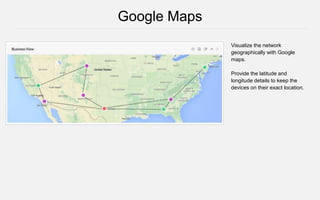 Visualize the network
geographically with Google
maps.
Provide the latitude and
longitude details to keep the
devices on their exact location.
Google Maps
 