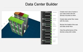 Create mock view of racks in
your data center with the
devices mounted on them.
Create data center floor views
with the racks.
Monitor the health of the rack
and data center floor.
View the performance of the
devices using color codes.
Data Center Builder
 