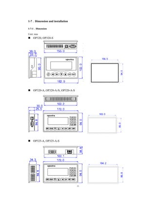 11
1-7．Dimension and installation
1-7-1．Dimension
Unit: mm
OP320, OP320-S
156. 5
94.0
OP320-A, OP320-A-N, OP320-A-S
85.0
163. 0
OP325-A, OP325-A-S
86.8
164. 2
 