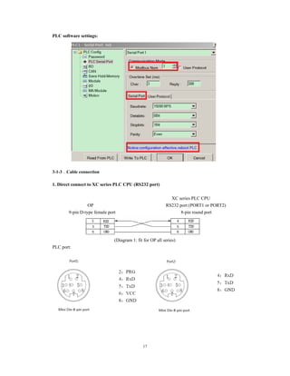 17
PLC software settings:
3-1-3．Cable connection
1. Direct connect to XC series PLC CPU (RS232 port)
XC series PLC CPU
OP RS232 port (PORT1 or PORT2)
9-pin D-type female port 8-pin round port
(Diagram 1: fit for OP all series)
PLC port:
 