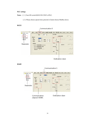 34
PLC settings
Notes: （1）Turn ON switch BUILT-IN CNET of PLC.
（2）Please choose special slave procotol. (Cannot choose Modbus slave).
RS232
RS485
 