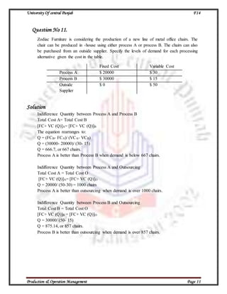 University Of central Punjab F14
Production & Operation Management Page 11
Question No 11.
Zodiac Furniture is considering the production of a new line of metal office chairs. The
chair can be produced in -house using either process A or process B. The chairs can also
be purchased from an outside supplier. Specify the levels of demand for each processing
alternative given the cost in the table.
Fixed Cost Variable Cost
Process A $ 20000 $ 30
Process B $ 30000 $ 15
Outside
Supplier
$ 0 $ 50
Solution
Indifference Quantity between Process A and Process B
Total Cost A= Total Cost B
[FC+ VC (Q)]A= [FC+ VC (Q)]B
The equation rearranges to:
Q = (FCB- FCA)/ (VCA- VCB)
Q = (30000- 20000)/ (30- 15)
Q = 666.7, or 667 chairs.
Process A is better than Process B when demand is below 667 chairs.
Indifference Quantity between Process A and Outsourcing
Total Cost A = Total Cost O
[FC+ VC (Q)]A= [FC+ VC (Q)]O
Q = 20000/ (50-30) = 1000 chairs
Process A is better than outsourcing when demand is over 1000 chairs.
Indifference Quantity between Process B and Outsourcing
Total Cost B = Total Cost O
[FC+ VC (Q)]B = [FC+ VC (Q)]O
Q = 30000/ (50- 15)
Q = 875.14, or 857 chairs.
Process B is better than outsourcing when demand is over 857 chairs.
 