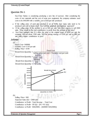 University Of central Punjab F14
Production & Operation Management Page 2
Question No 1.
See-Clear Optics is considering producing a new line of eyewear. After considering the
costs of raw materials and the cost of some new equipment, the company estimates axed
costs to be $40,000 with a variable cost of $45 per unit produced.
a) If the selling price of each new product is set at $100, how many units need to be
produced and sold to break even? Use both the graphical and algebraic approach?
b) If the selling price of the product is set at $80 per unit, See-Clear expects to sell 2000
units. What would be the total contribution to profit from this product at this price?
c) See-Clear estimates that if it offers the price at the original target of $100 per unit, the
company will sell about 1500 units. Will the pricing strategy of $100 per unit or $80 per
unit yield a higher contribution to port?
Solution
(a)
Fixed Cost= $40000
Variable Cost= $ 45 per unit
Selling Price= $100
Break Even Quantity =
Fixed Cost
Selling price per unit − Variable cost per unit
Break Even Quantity =
$40000
$100 − $45
Break Even Quantity =
$40000
$55
Break Even Quantity = 728 units
(b)
Selling Price= $80
Expected Sales (Q) = 2000 units
Contribution to Profit= Total Revenue – Total Cost
Contribution to Profit= SP (Q) – [FC+VC (Q)]
Contribution to Profit= $80(2000) – [$40000+$45(2000)]
 
