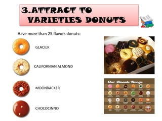 3.ATTRACT TO
   VARIETIES DONUTS
Have more than 25 flavors donuts:


         GLACIER



        CALIFORNIAN ALMOND




         MOONRACKER




         CHOCOCINNO
 