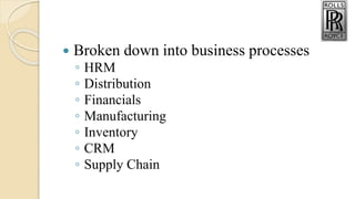  Broken down into business processes
◦ HRM
◦ Distribution
◦ Financials
◦ Manufacturing
◦ Inventory
◦ CRM
◦ Supply Chain
 